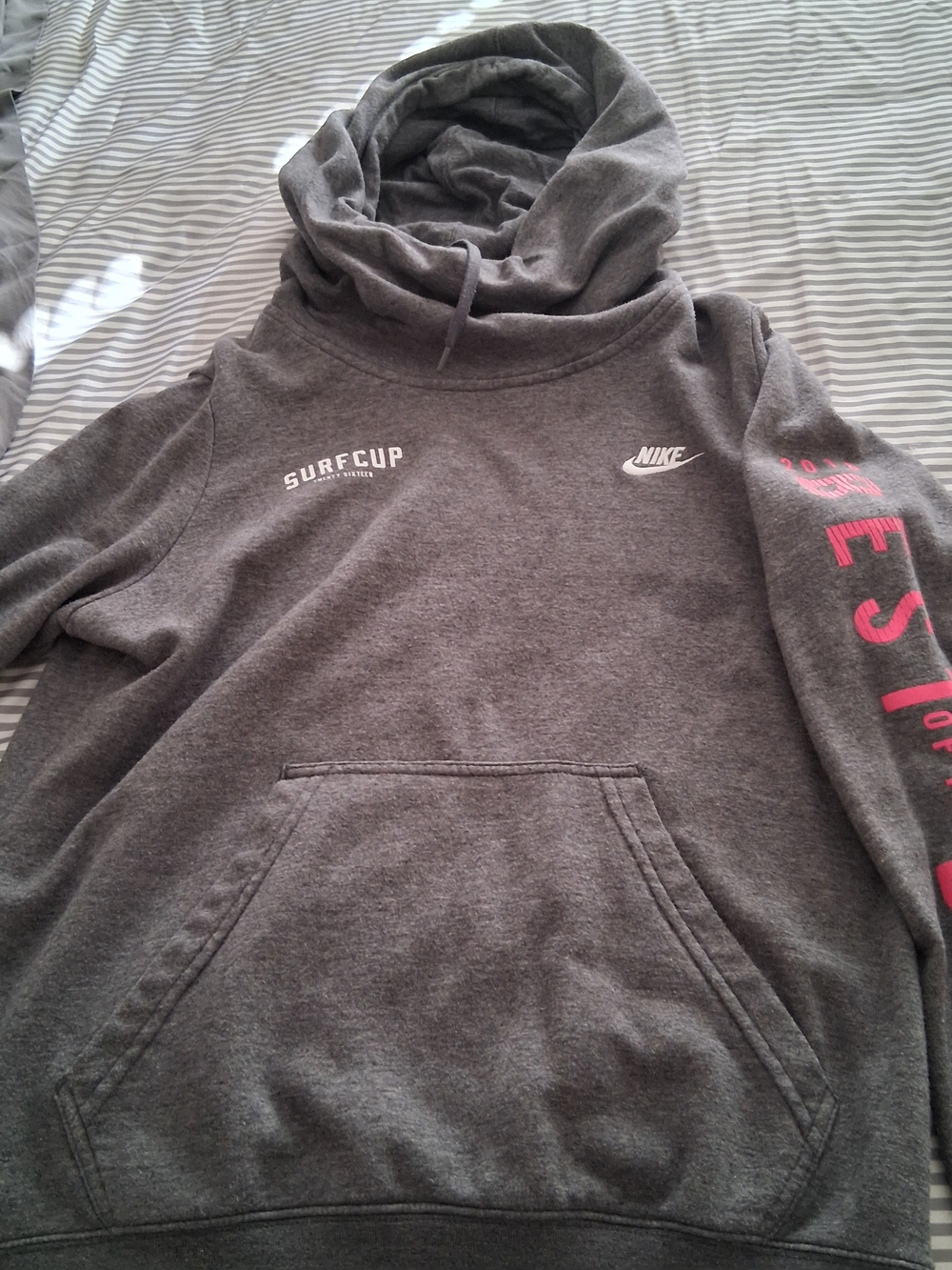 Nike Gray High Neck Hoodie Sweatshirt with Pink Sleeve Lettering